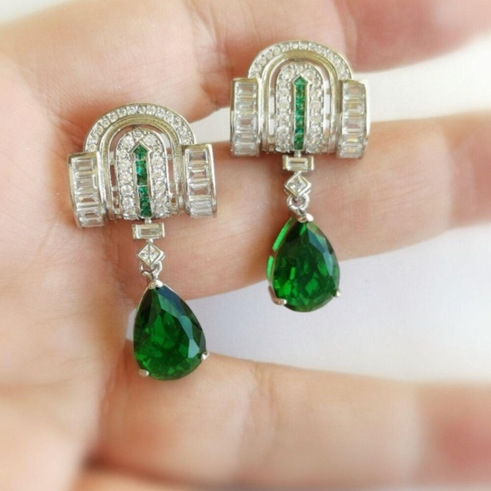 Emerald Cz Art Deco lever  earrings 14k white gold Overlay 🆕 - Picture 4 of 8